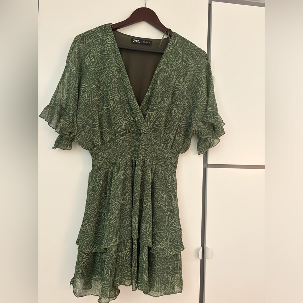 ZARA Olive Green Patterned Ruffle Tiered Dress